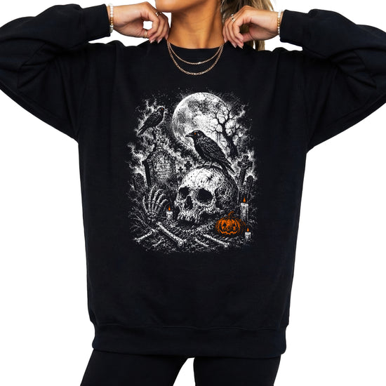 Skull Cemetery Halloween graveyard crewneck sweatshirt in Black, view 4