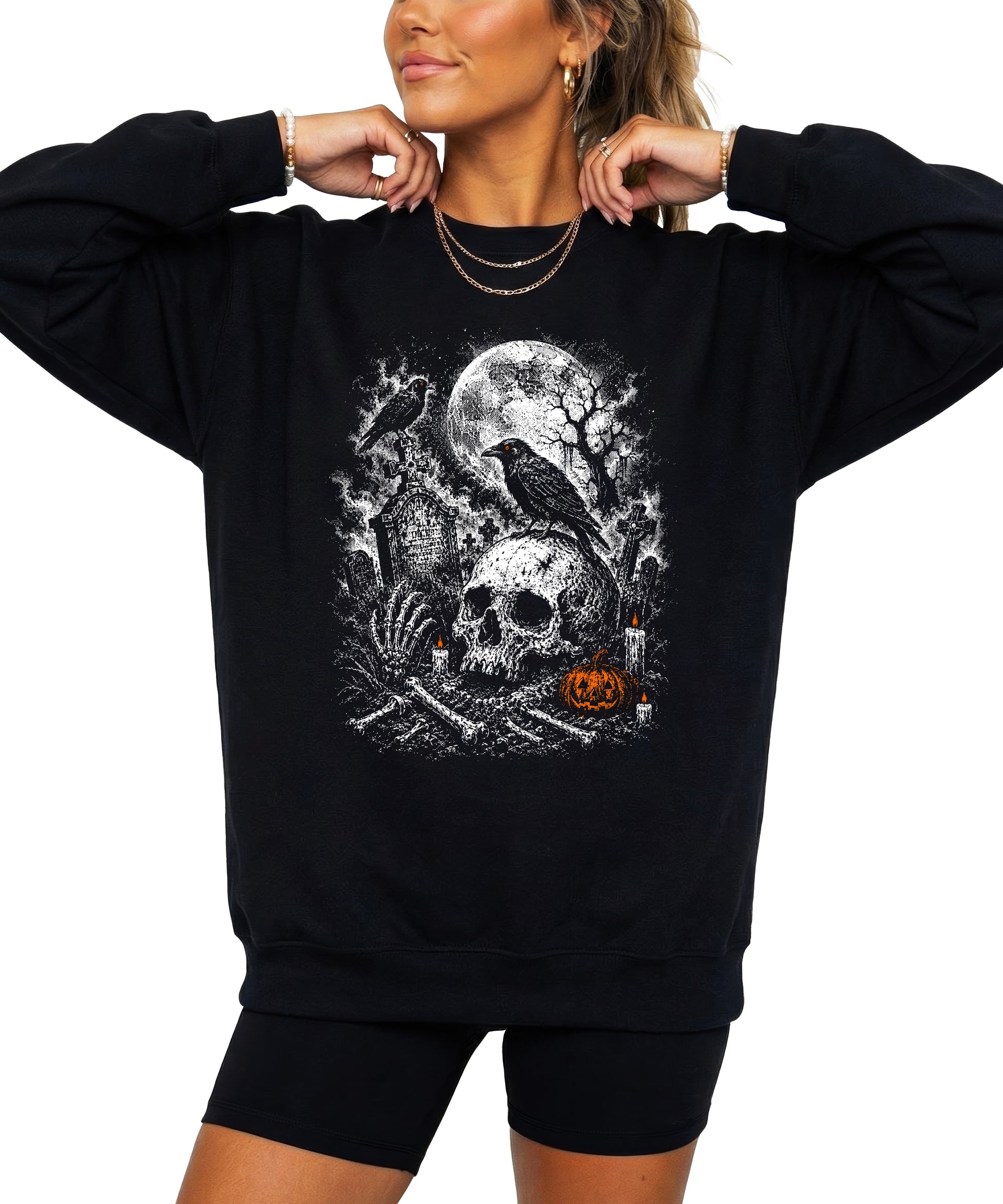 Skull Cemetery Halloween graveyard crewneck sweatshirt in Black, view 4