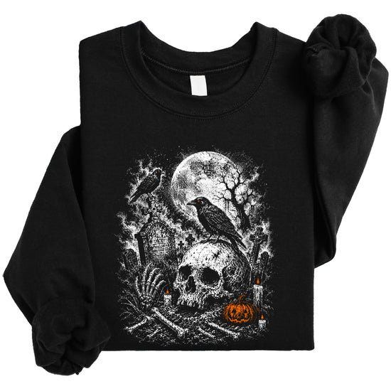 Skull Cemetery Halloween graveyard crewneck sweatshirt in Black, view 6