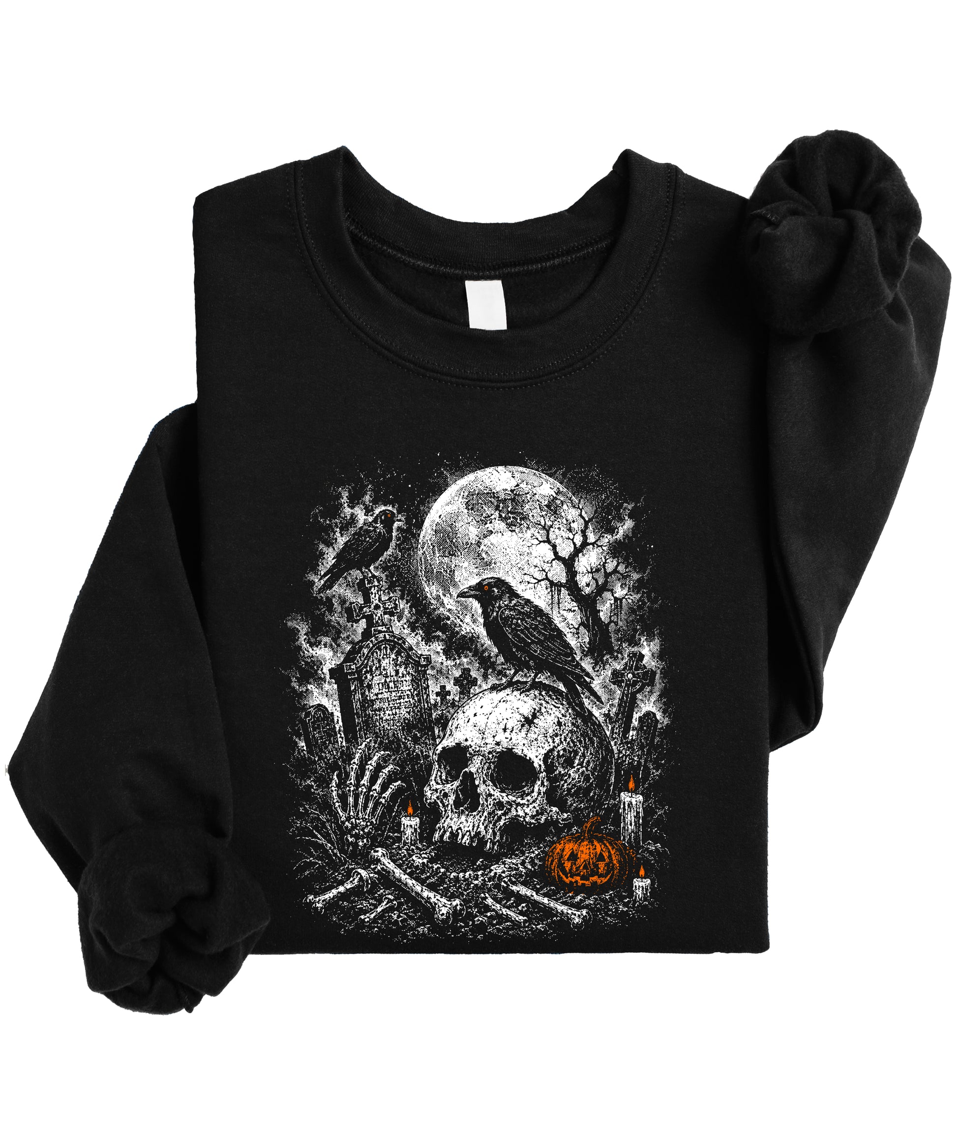 Skull Cemetery Halloween graveyard crewneck sweatshirt in Black, view 6