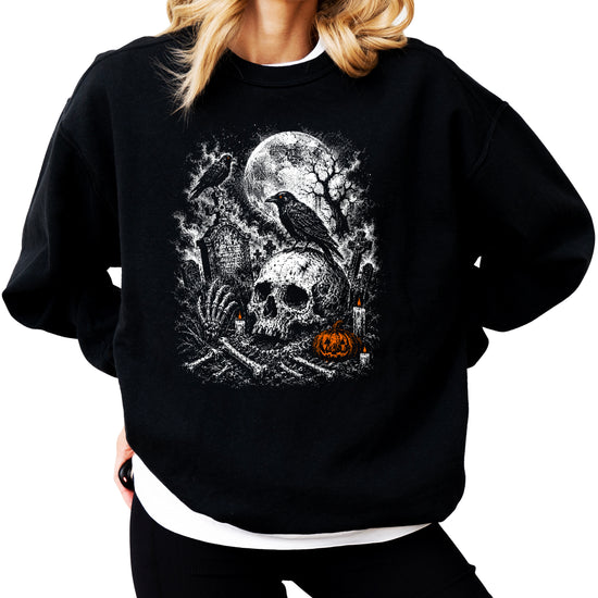 Skull Cemetery Halloween graveyard crewneck sweatshirt in Black, view 7
