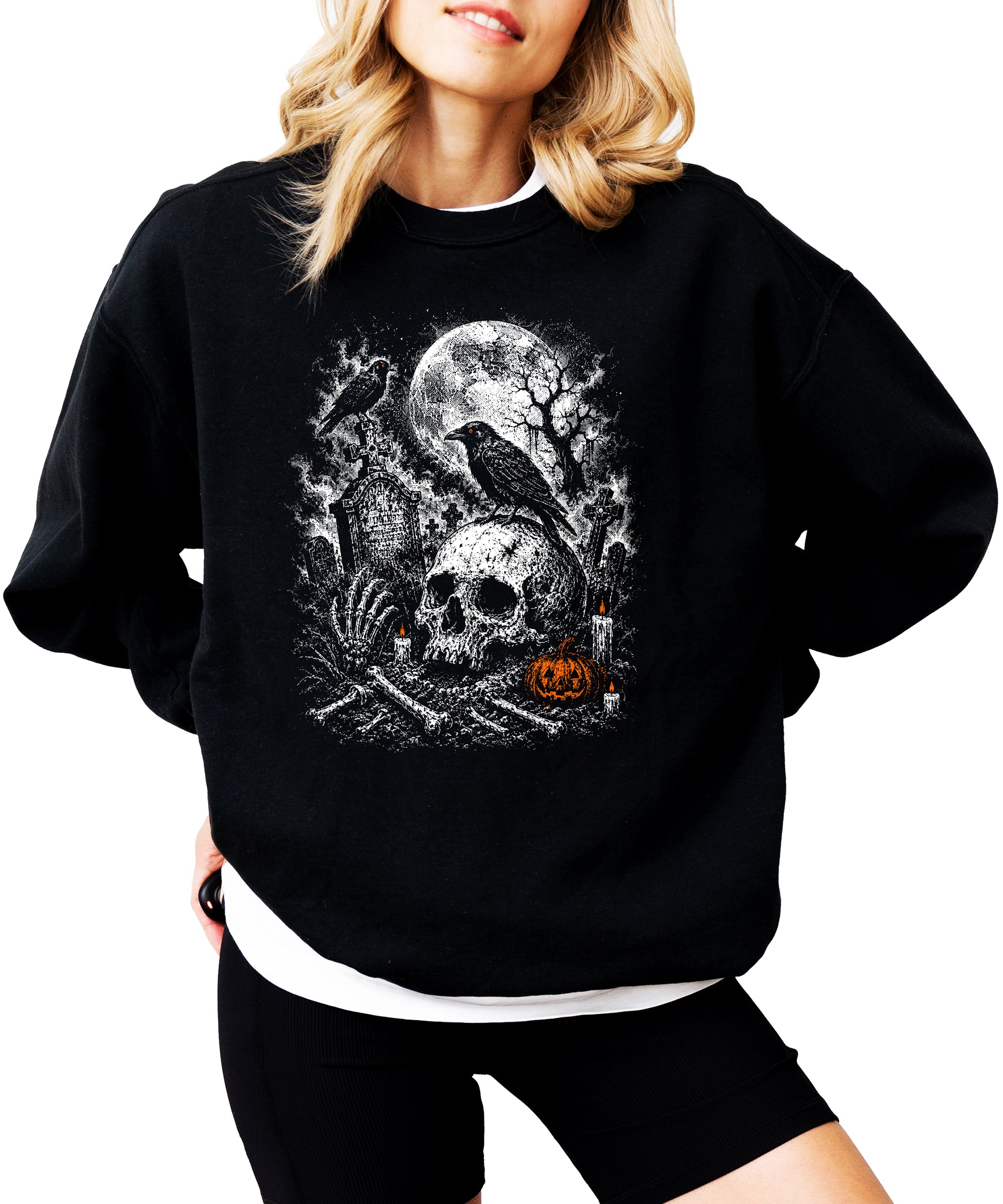 Skull Cemetery Halloween graveyard crewneck sweatshirt in Black, view 7