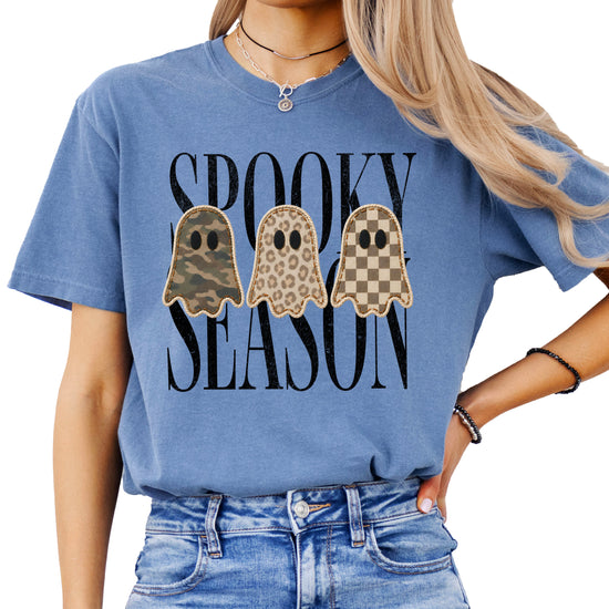 Spooky Season three ghosts Halloween graphic tee in Blue Jean, front view