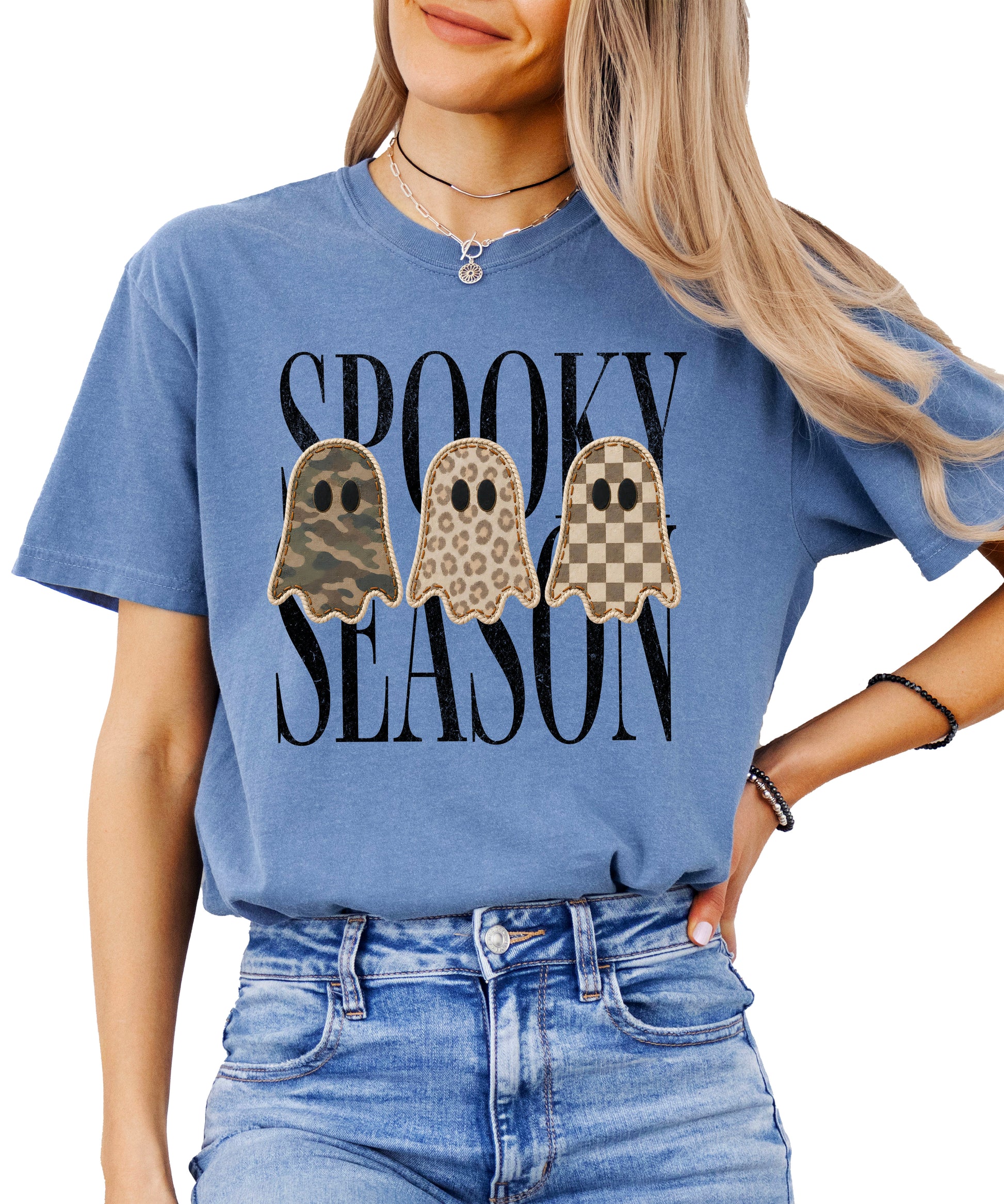 Spooky Season three ghosts Halloween graphic tee in Blue Jean, front view