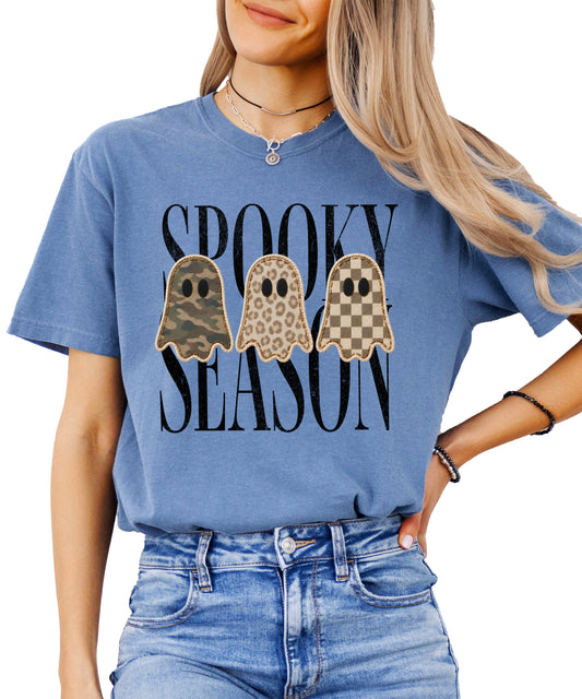 Spooky Season three ghosts Halloween graphic tee in Blue Jean, front view