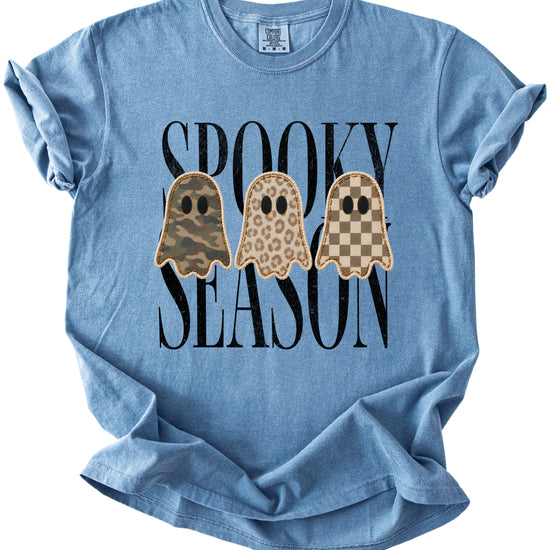 Spooky Season three ghosts Halloween graphic tee in Blue Jean, styled view