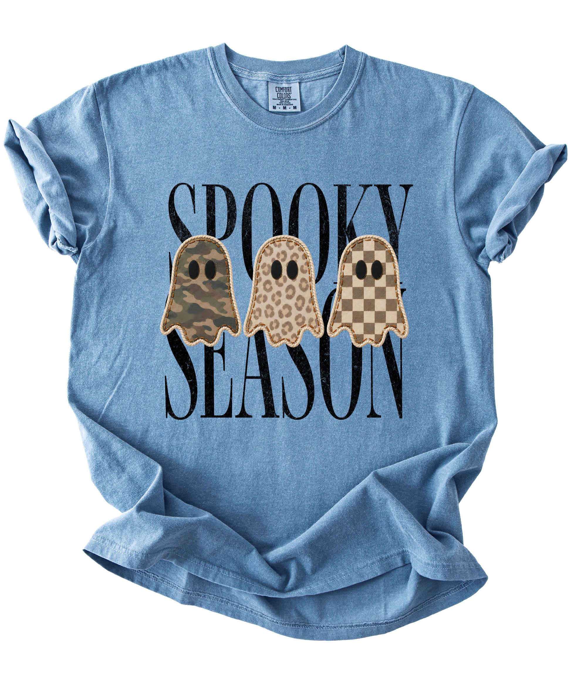 Spooky Season three ghosts Halloween graphic tee in Blue Jean, styled view