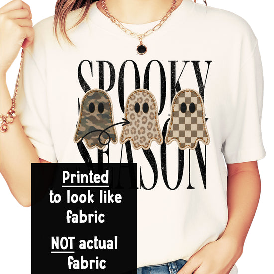 Spooky Season three ghosts Halloween tee design detail with camo, leopard and checkerboard ghosts