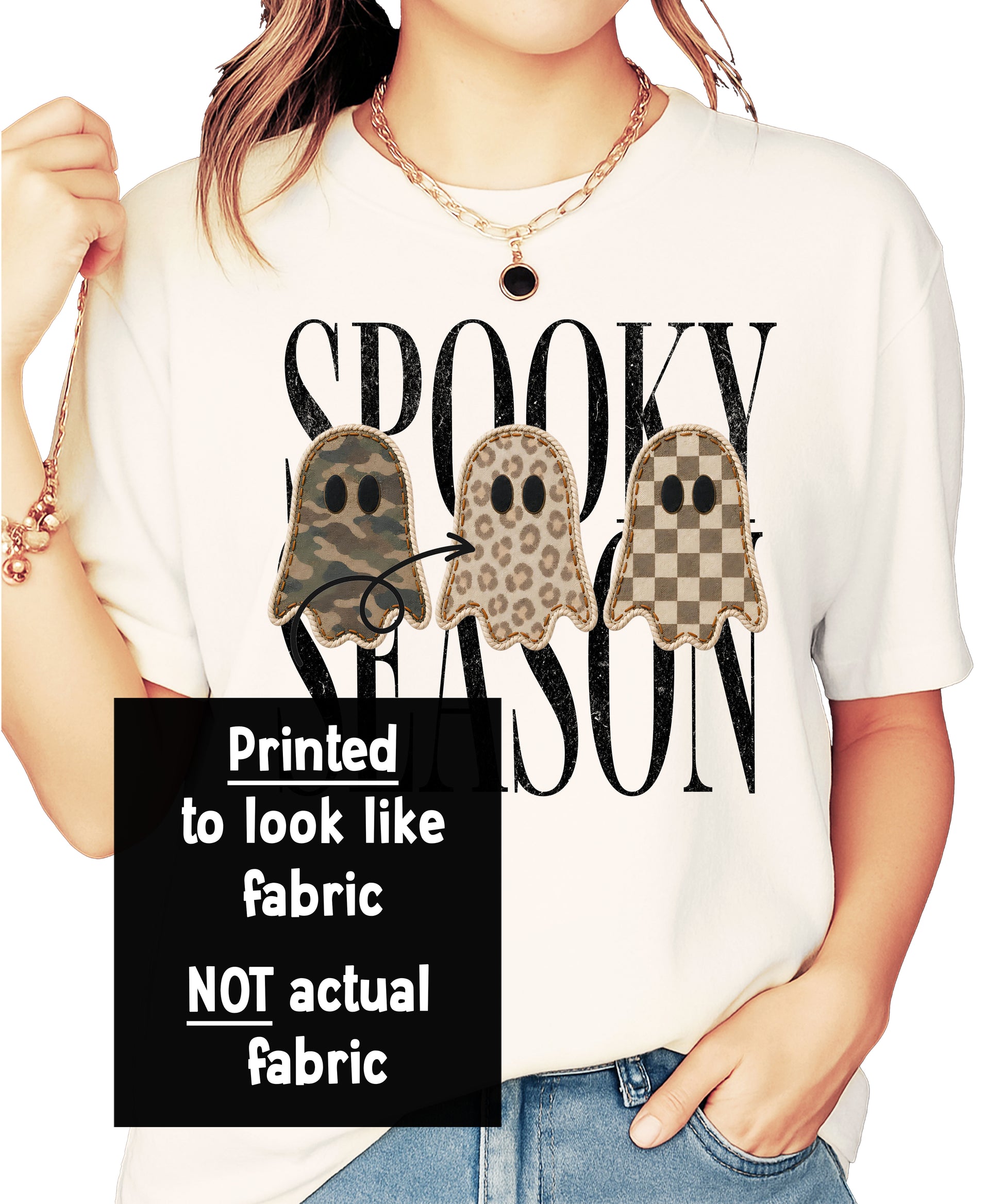 Spooky Season three ghosts Halloween tee design detail with camo, leopard and checkerboard ghosts