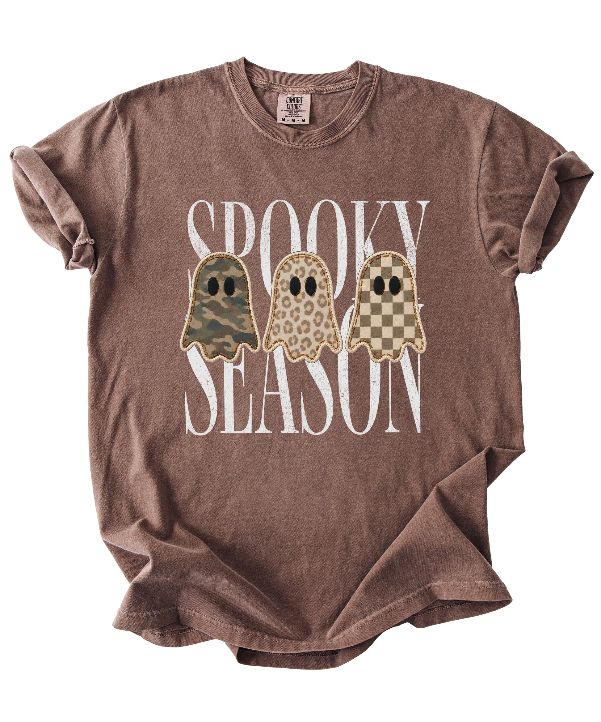 Spooky Season three ghosts Halloween graphic tee in Espresso, styled view