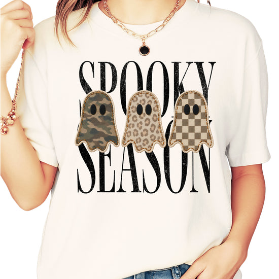 Spooky Season three ghosts Halloween graphic tee in Ivory, front view