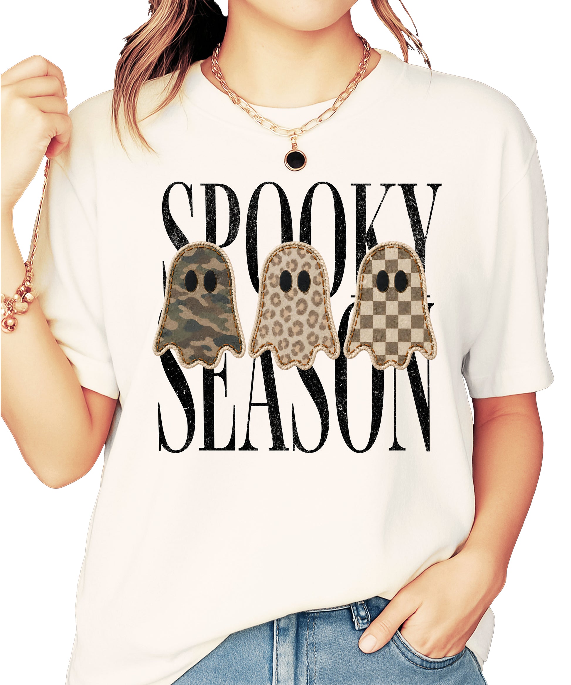 Spooky Season three ghosts Halloween graphic tee in Ivory, front view
