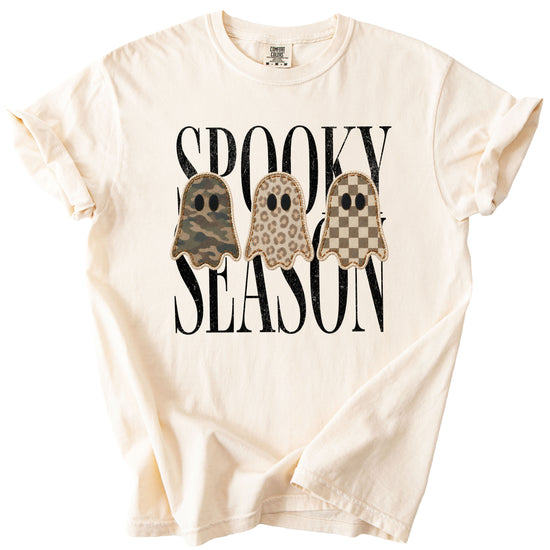 Spooky Season three ghosts Halloween graphic tee in Ivory, styled view