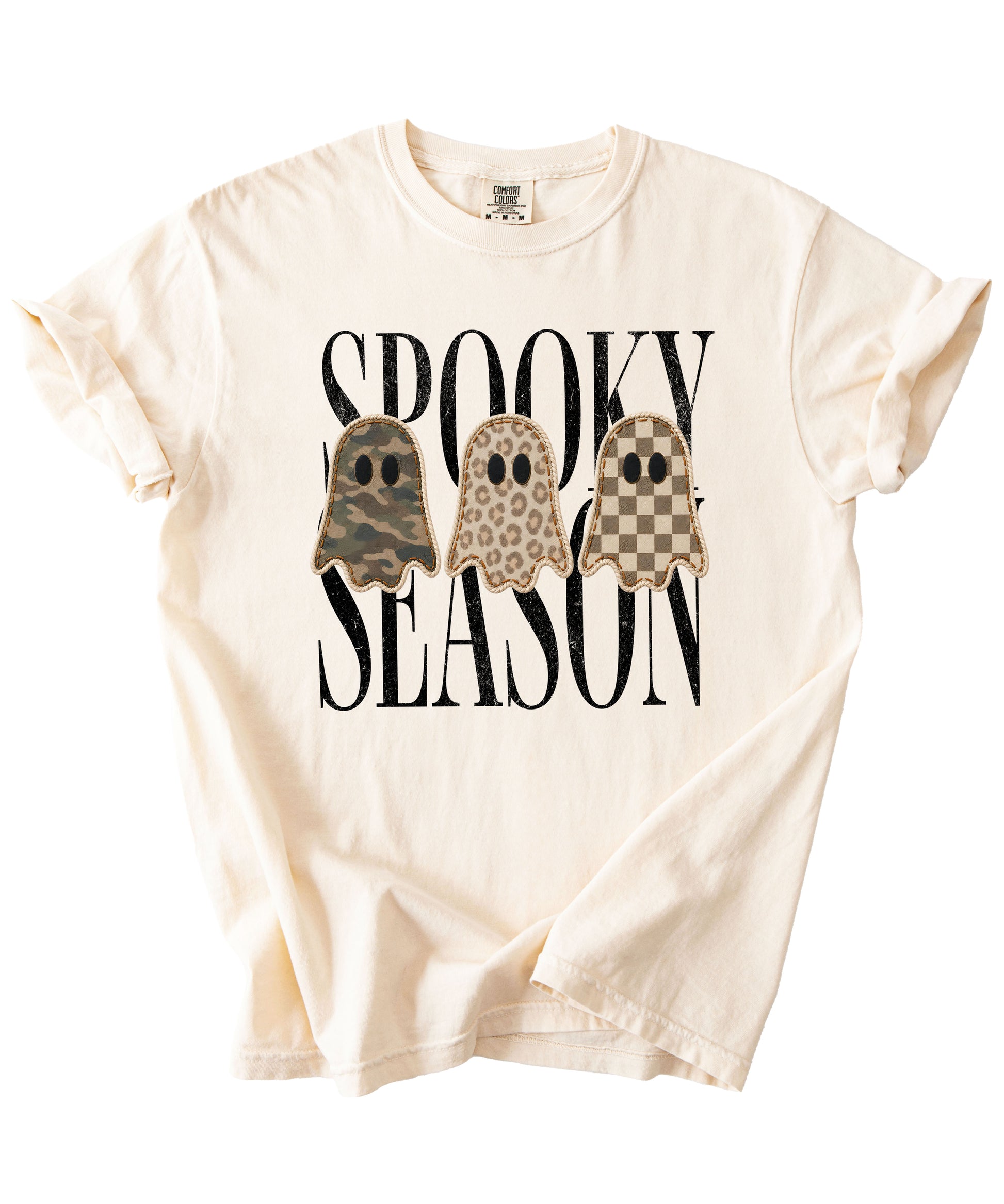 Spooky Season three ghosts Halloween graphic tee in Ivory, styled view