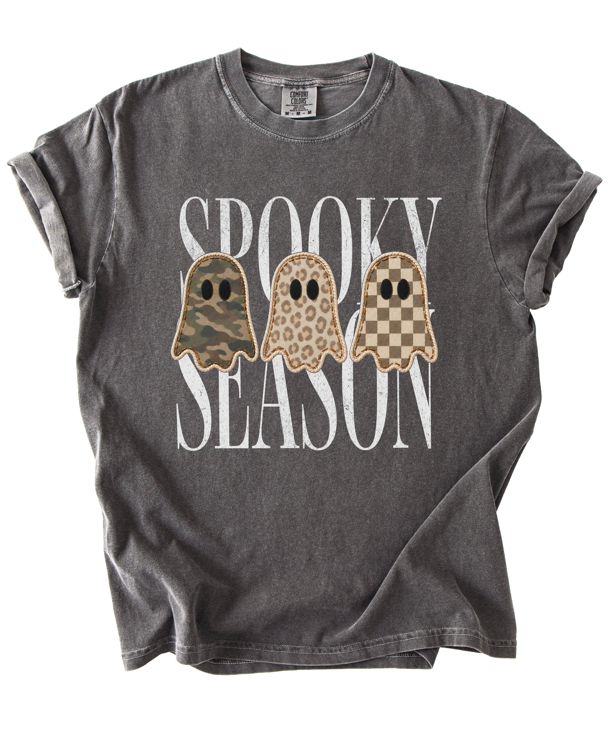 Spooky Season three ghosts Halloween graphic tee in Pepper, styled view