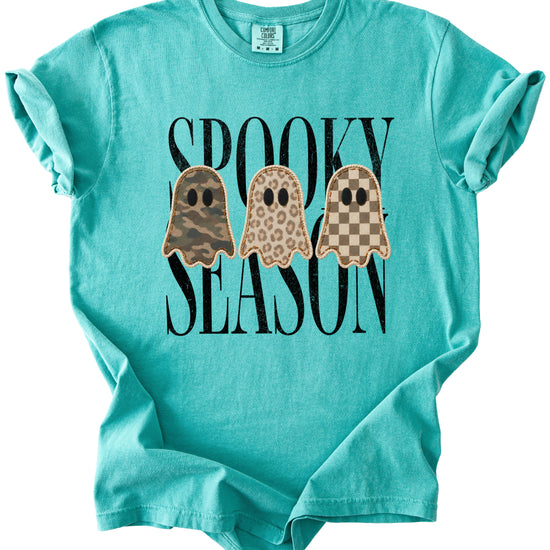 Spooky Season three ghosts Halloween graphic tee in Seafoam, styled view