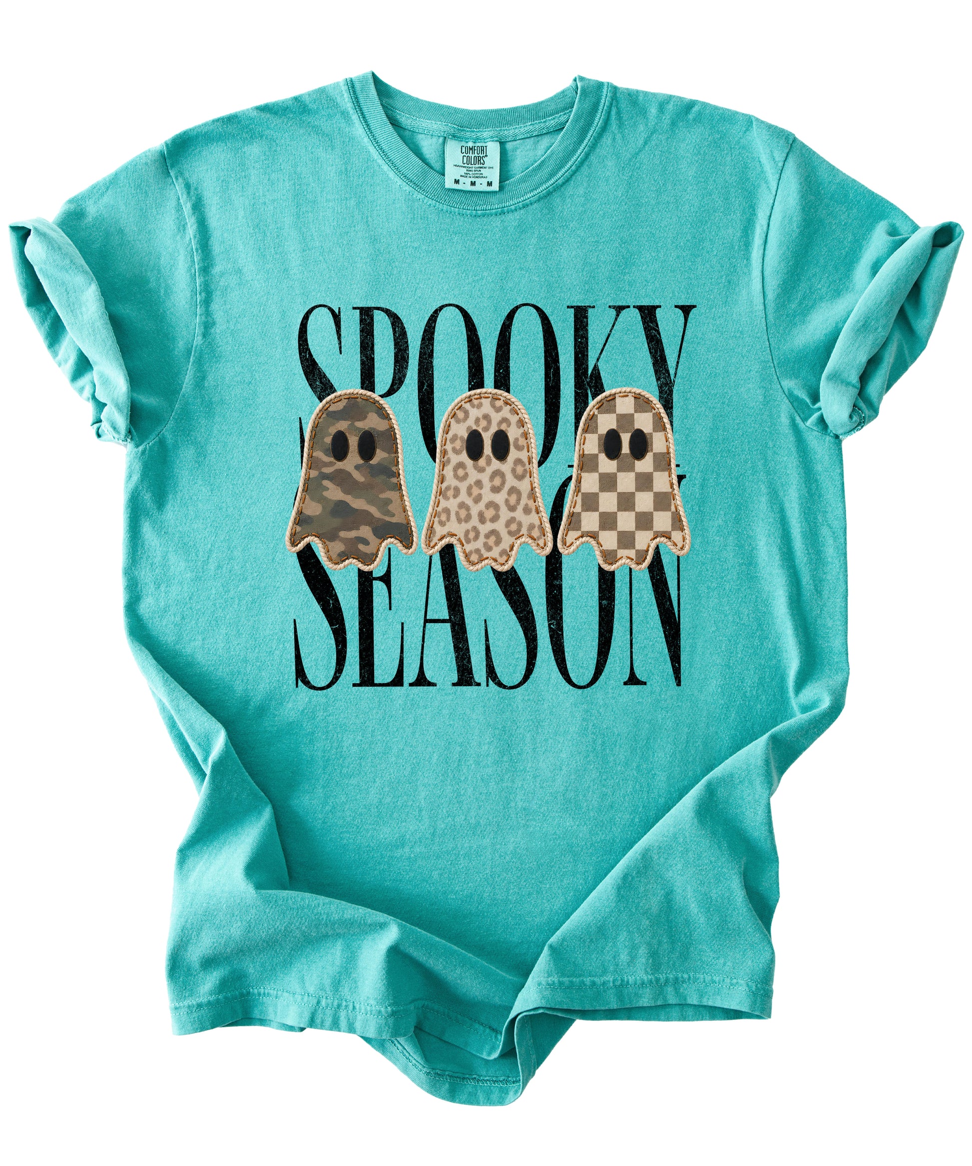 Spooky Season three ghosts Halloween graphic tee in Seafoam, styled view