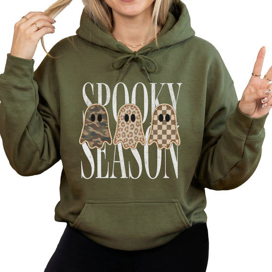 Army Green hoodie with Spooky Season three ghosts Halloween graphic