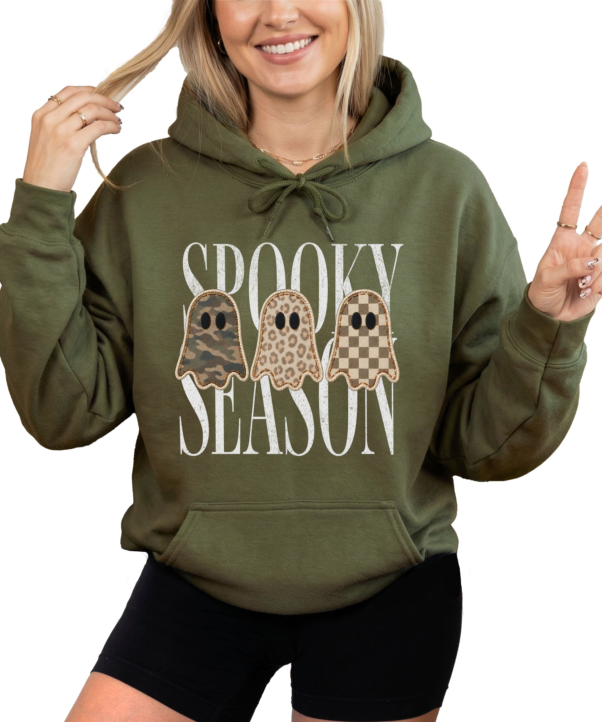 Army Green hoodie with Spooky Season three ghosts Halloween graphic