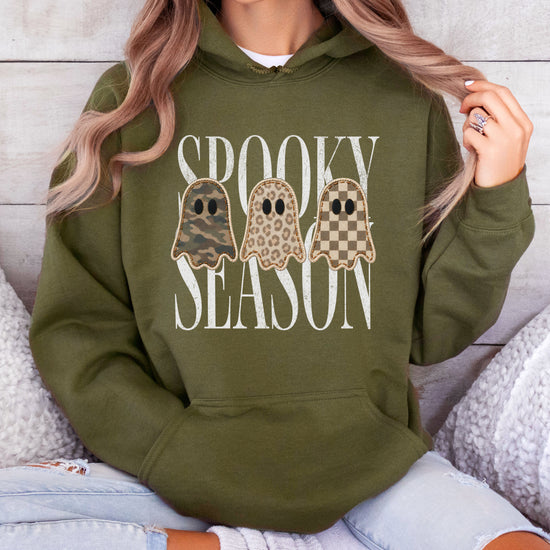 Army Green hoodie with Spooky Season three ghosts Halloween graphic