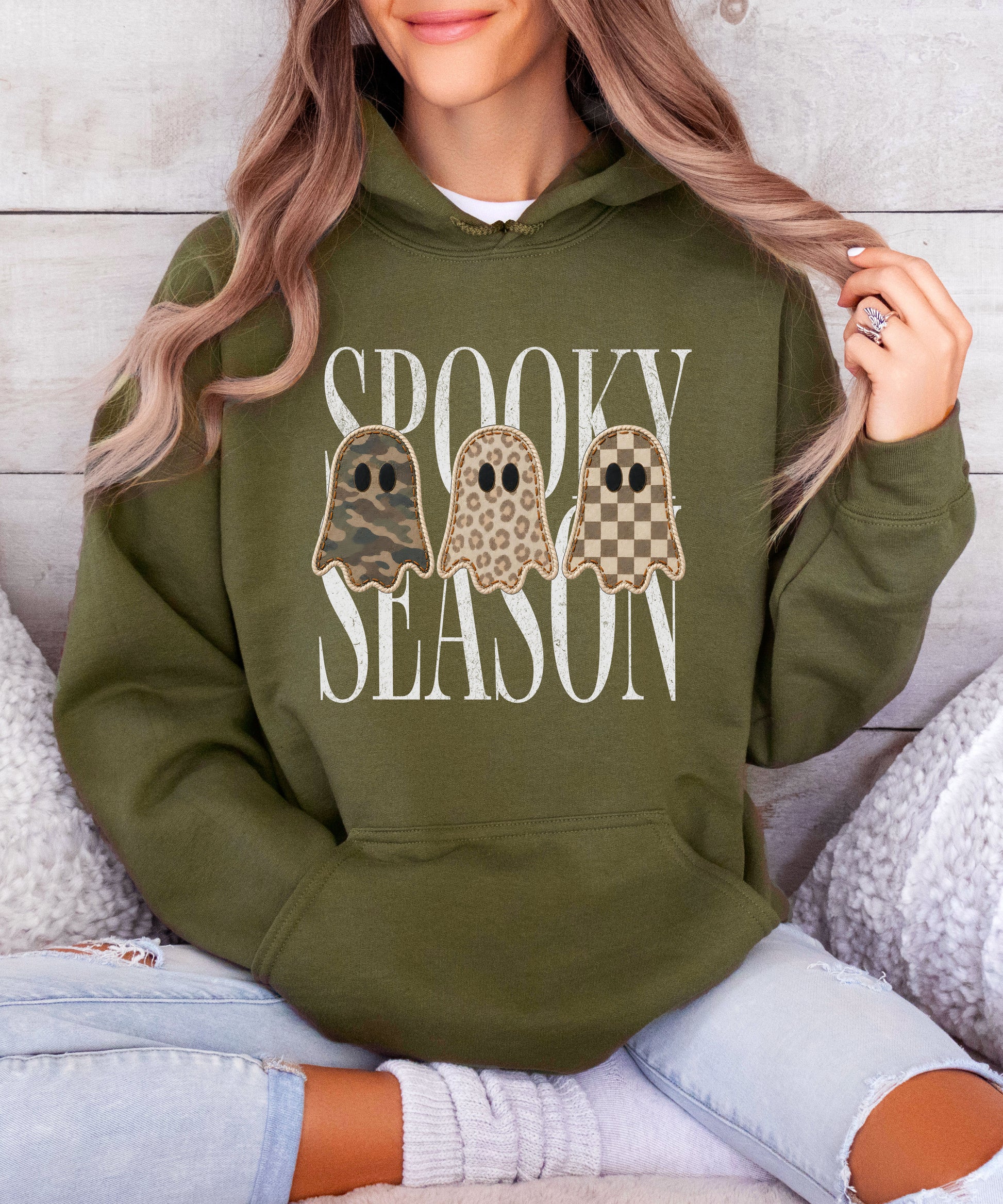 Army Green hoodie with Spooky Season three ghosts Halloween graphic