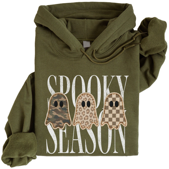 Army Green hoodie with Spooky Season three ghosts Halloween graphic