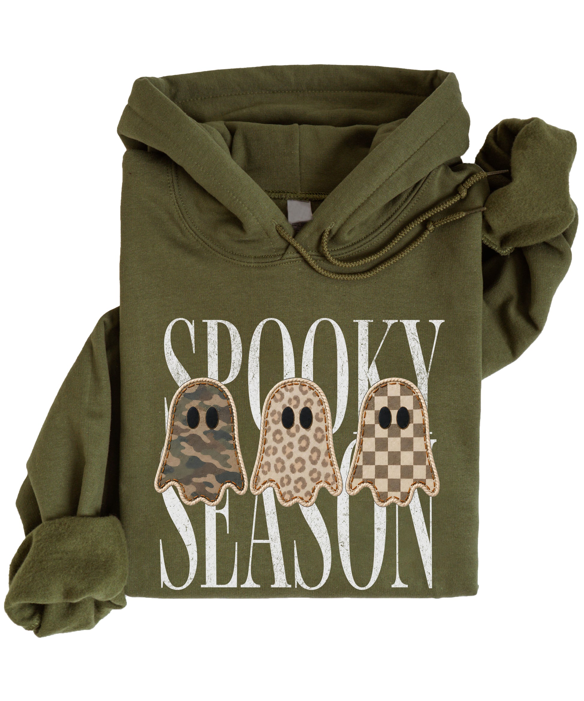 Army Green hoodie with Spooky Season three ghosts Halloween graphic