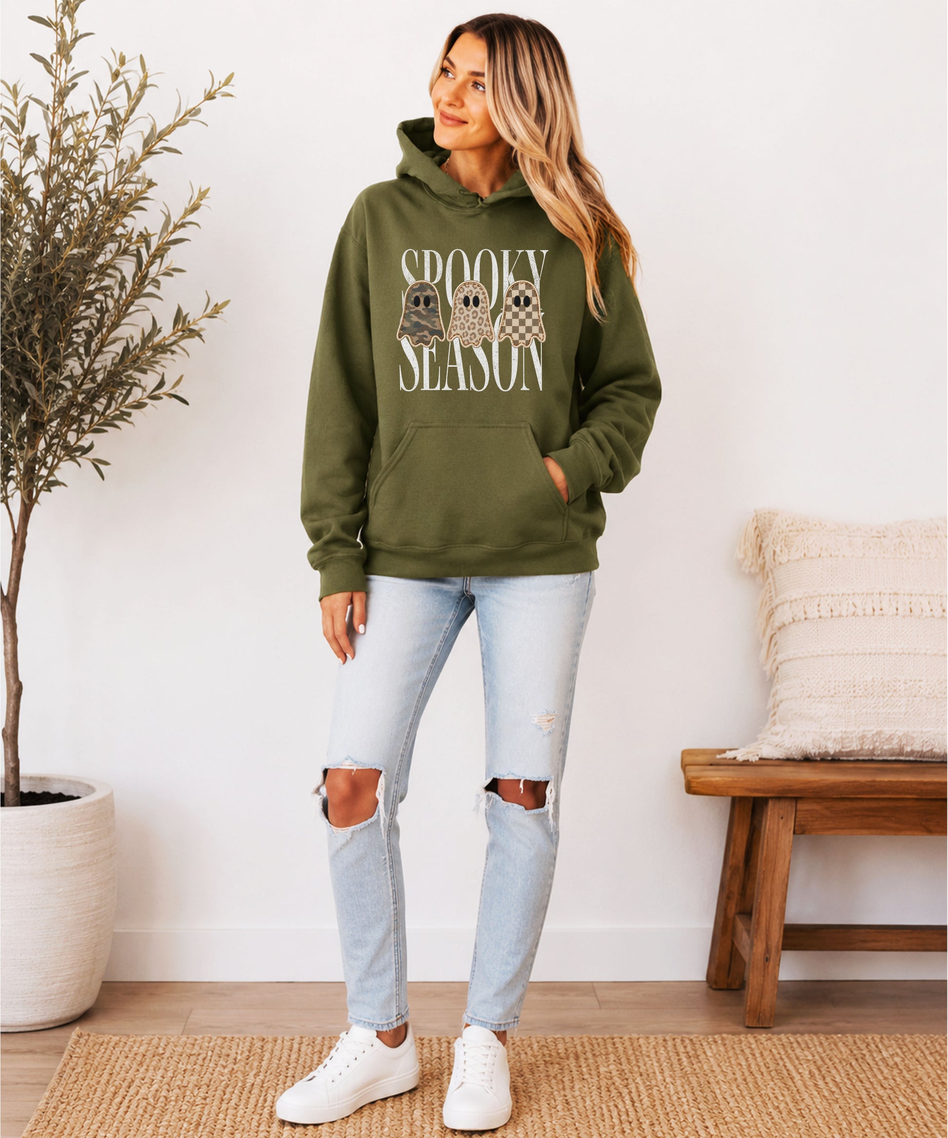 Army Green hoodie with Spooky Season three ghosts Halloween graphic