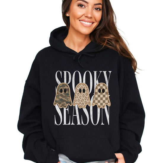 Black hoodie with Spooky Season three ghosts Halloween graphic