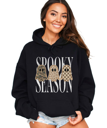 Black hoodie with Spooky Season three ghosts Halloween graphic