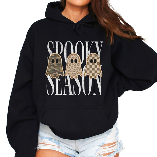 Black hoodie with Spooky Season three ghosts Halloween graphic