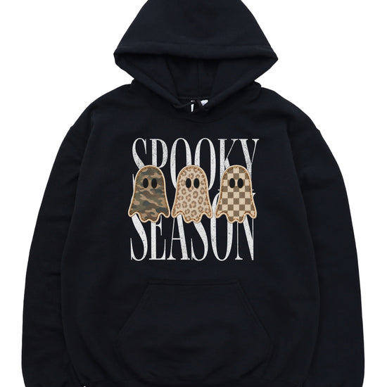 Black hoodie with Spooky Season three ghosts Halloween graphic