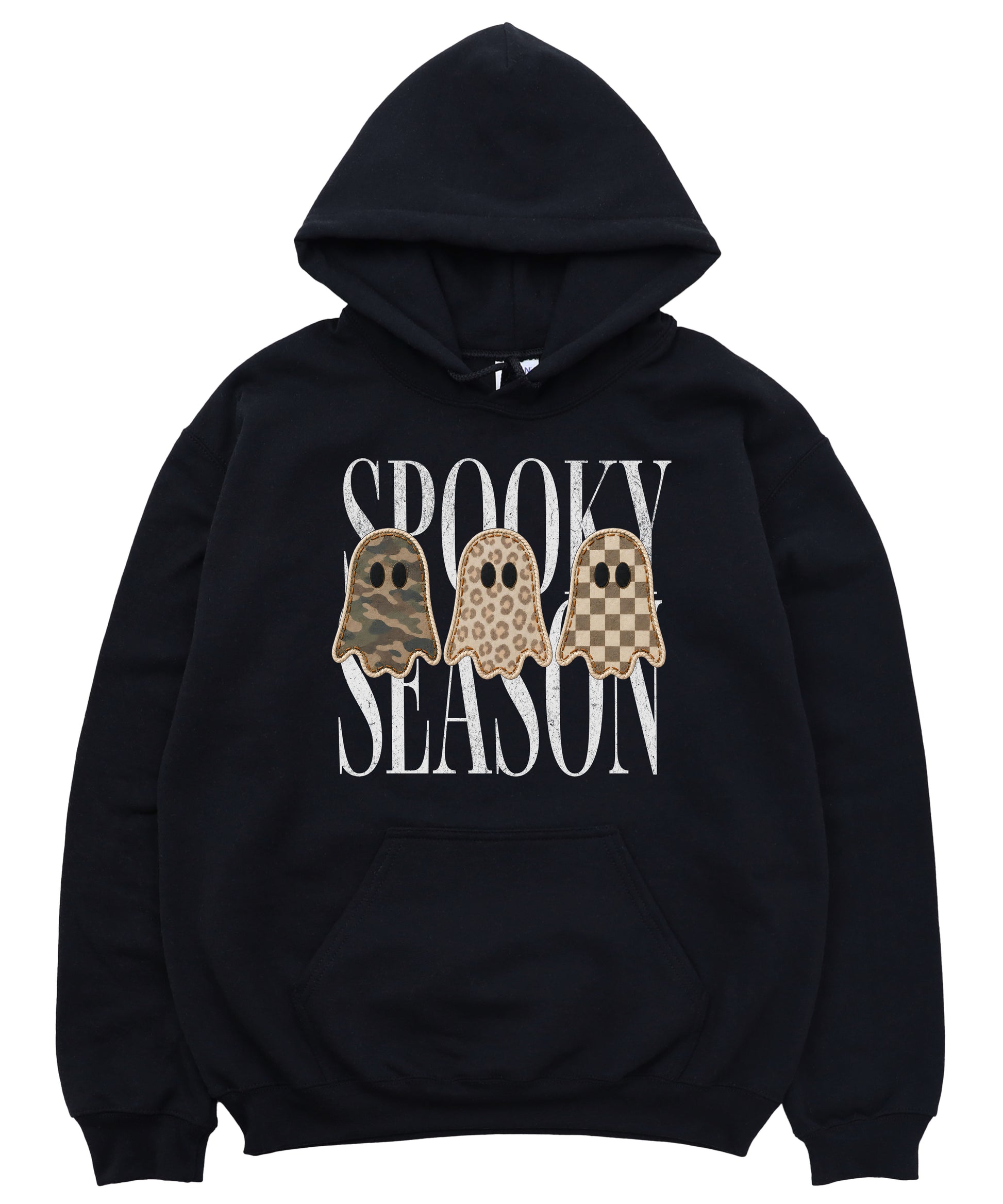 Black hoodie with Spooky Season three ghosts Halloween graphic
