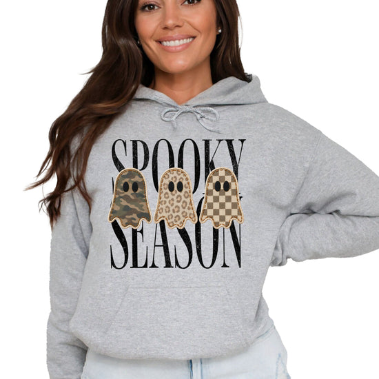 Gray hoodie with Spooky Season three ghosts Halloween graphic