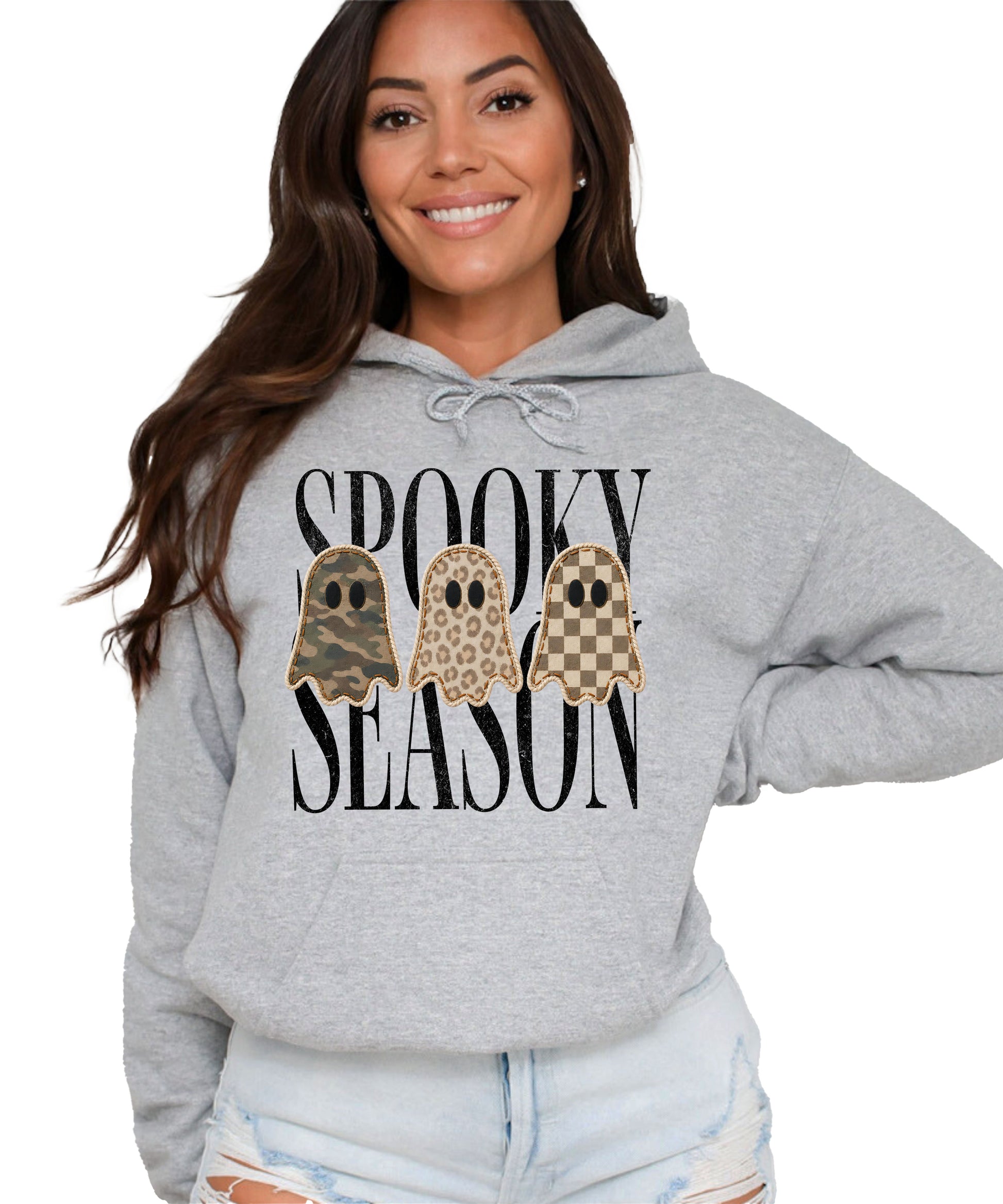 Gray hoodie with Spooky Season three ghosts Halloween graphic