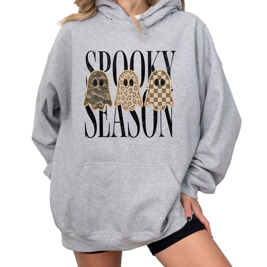 Gray hoodie with Spooky Season three ghosts Halloween graphic