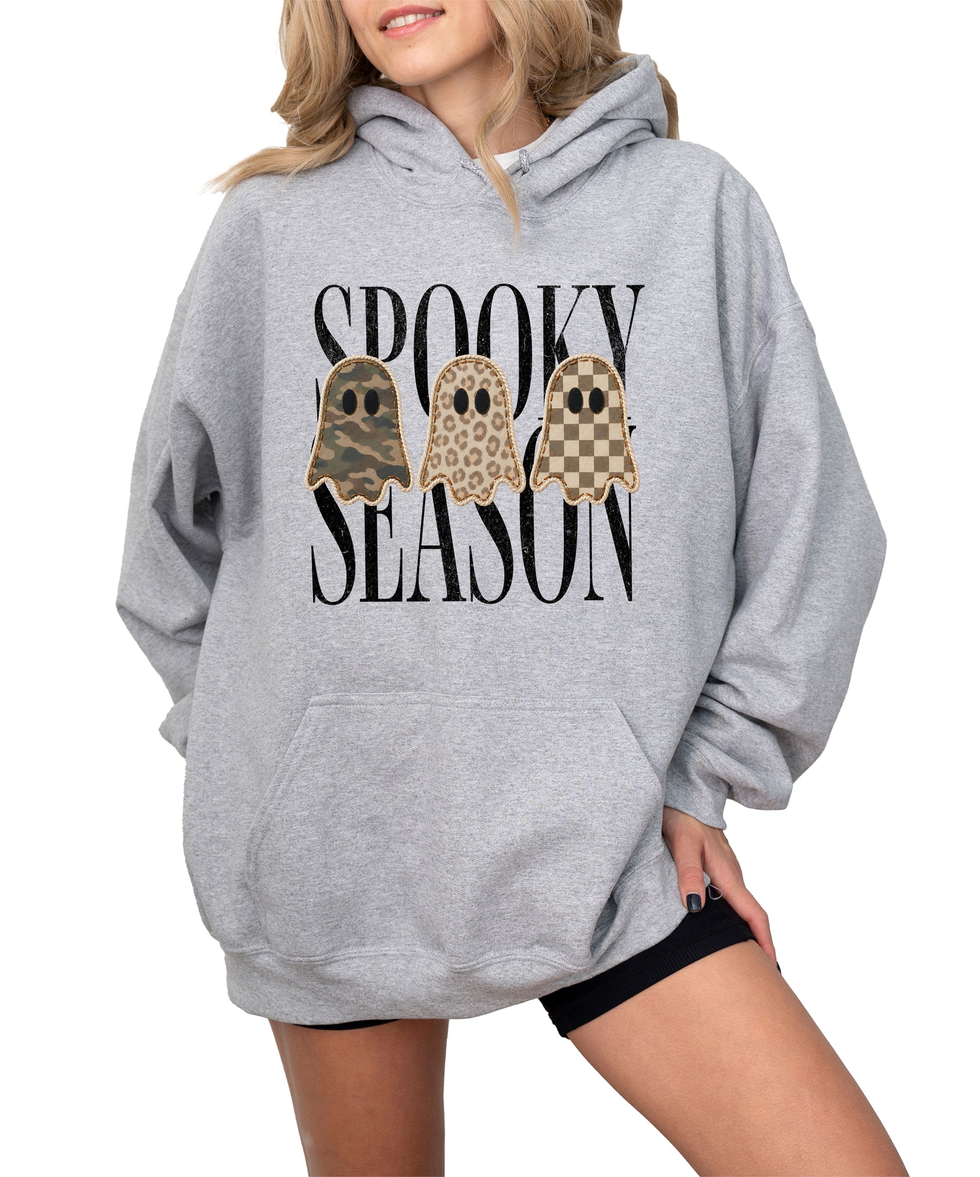 Gray hoodie with Spooky Season three ghosts Halloween graphic