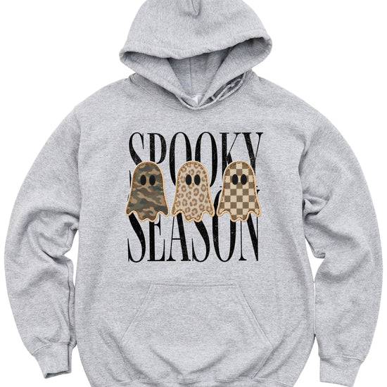 Gray hoodie with Spooky Season three ghosts Halloween graphic