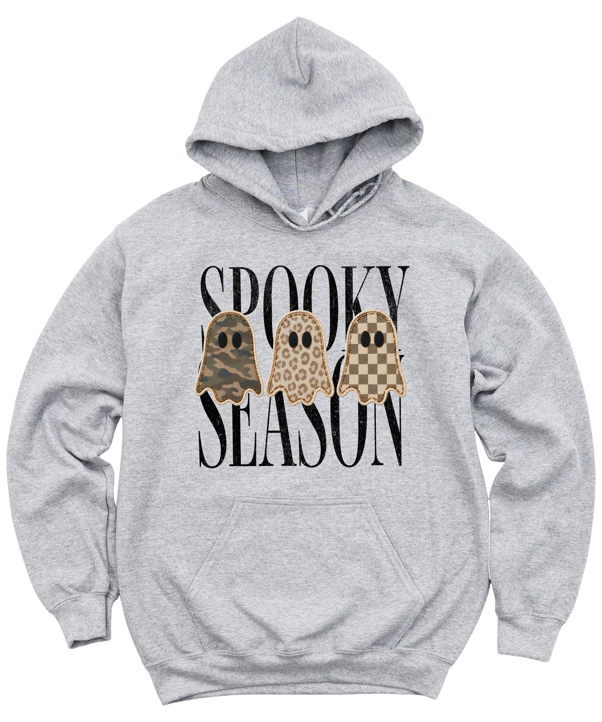 Gray hoodie with Spooky Season three ghosts Halloween graphic