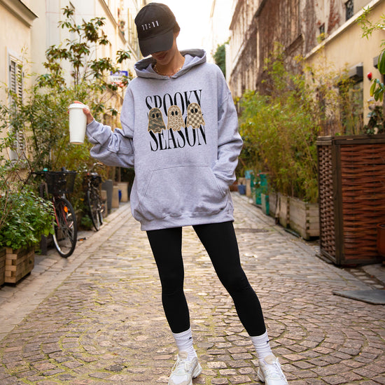 Gray hoodie with Spooky Season three ghosts Halloween graphic