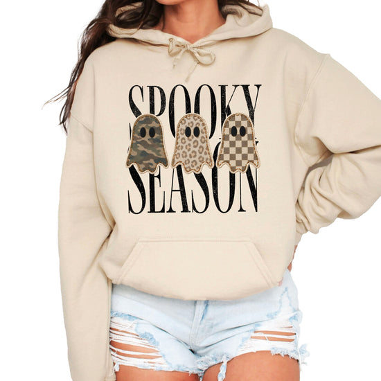 Sand hoodie with Spooky Season three ghosts Halloween graphic