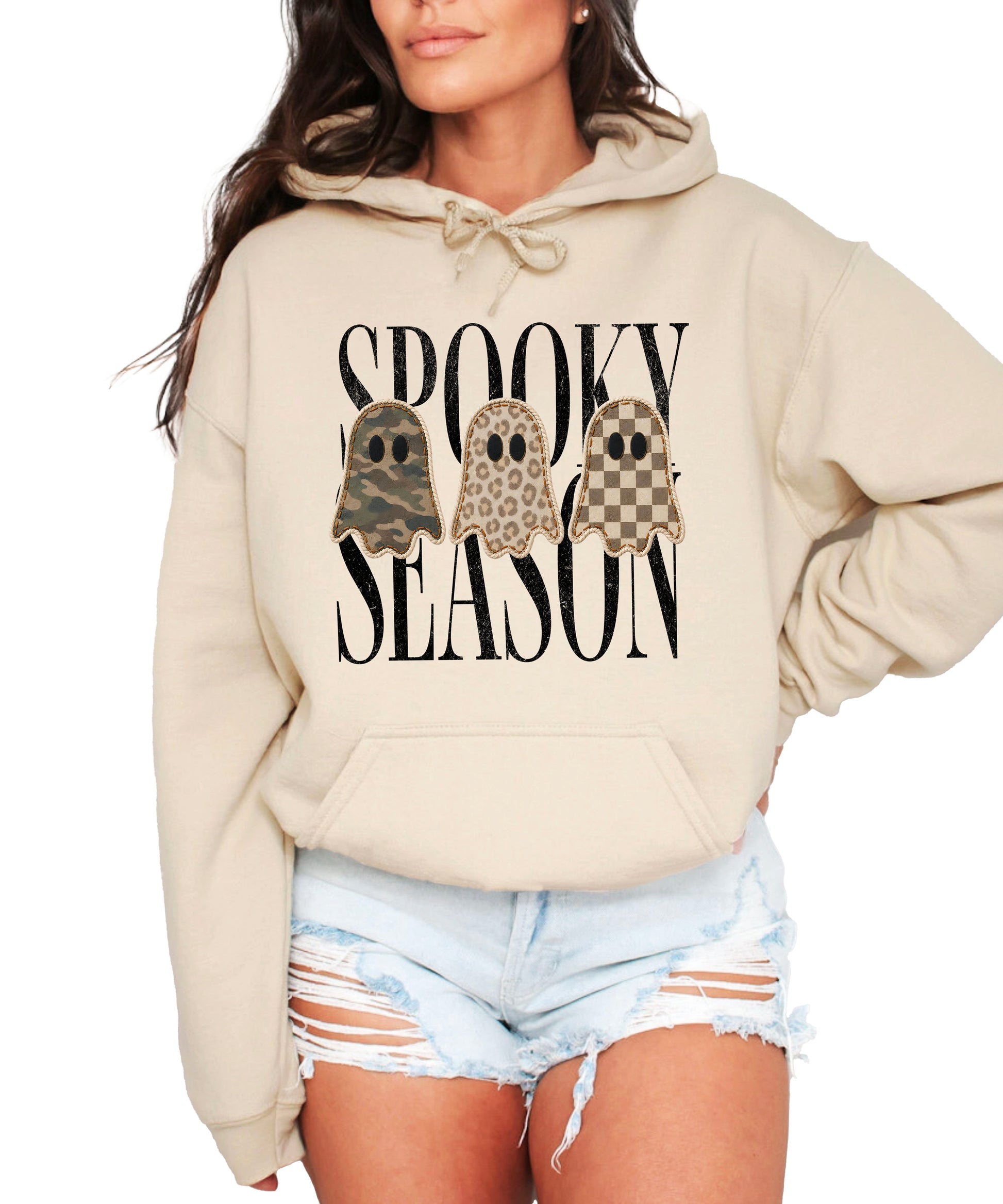 Sand hoodie with Spooky Season three ghosts Halloween graphic