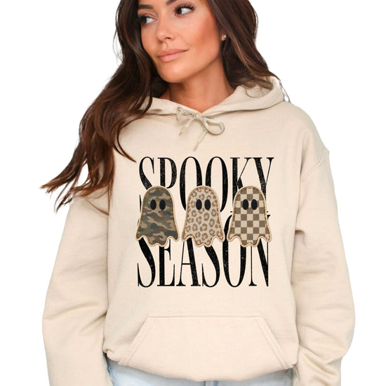 Sand hoodie with Spooky Season three ghosts Halloween graphic