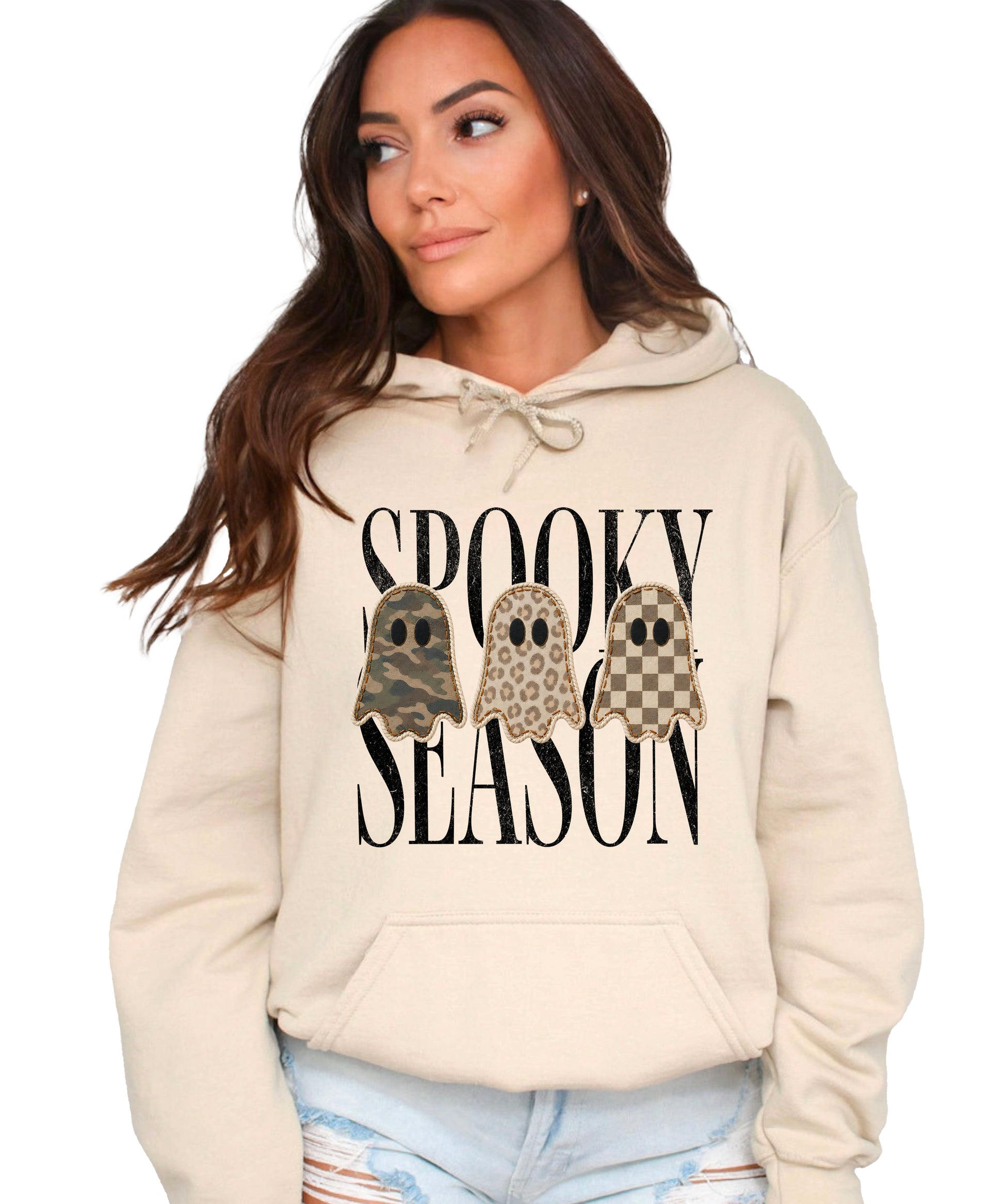 Sand hoodie with Spooky Season three ghosts Halloween graphic