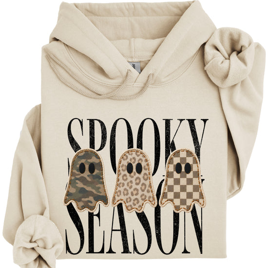 Sand hoodie with Spooky Season three ghosts Halloween graphic