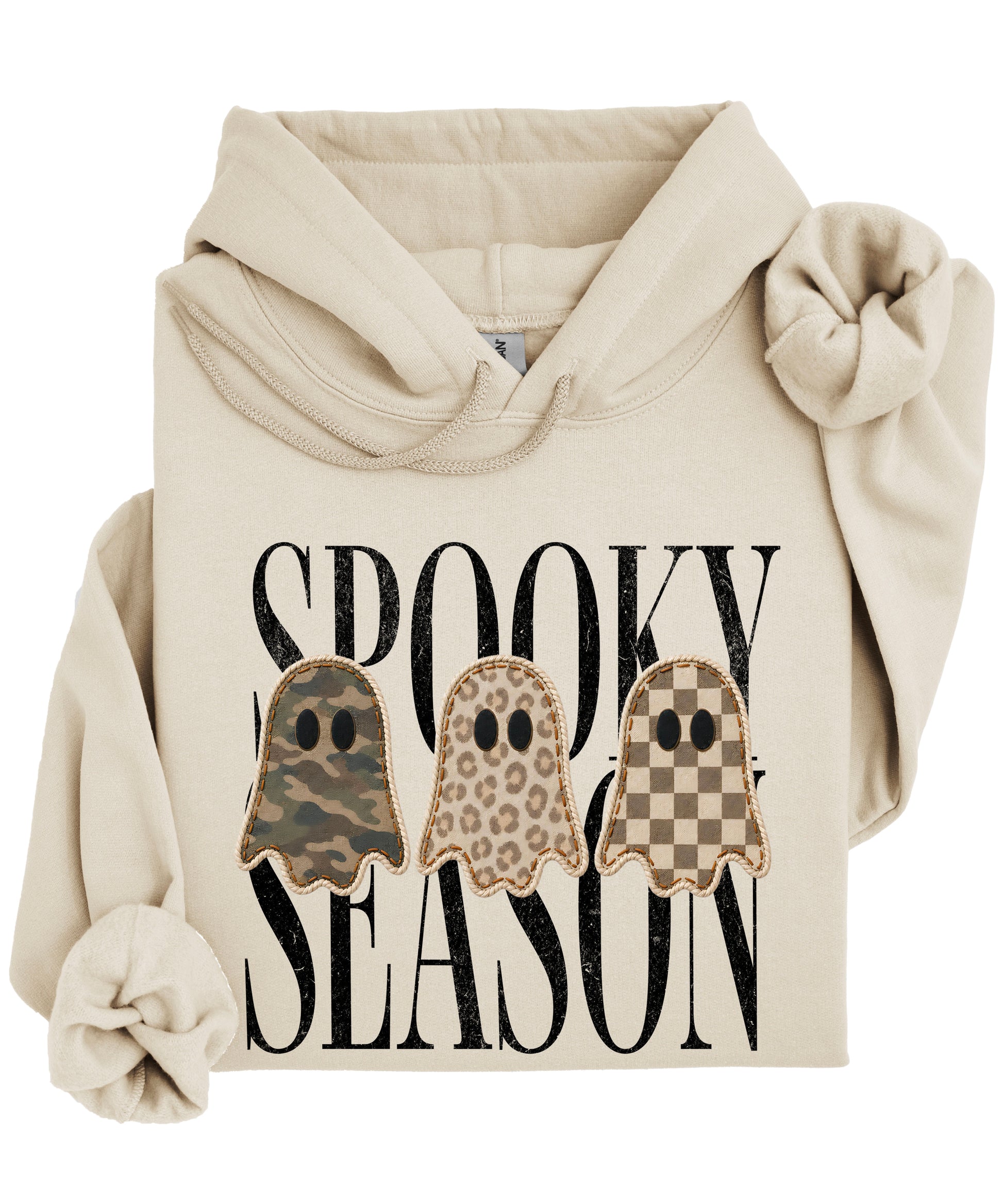 Sand hoodie with Spooky Season three ghosts Halloween graphic