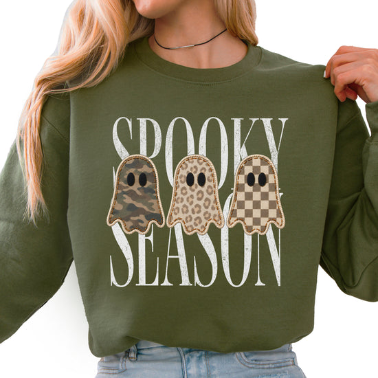 Spooky Season three ghosts Halloween crewneck sweatshirt in Army Green, front view