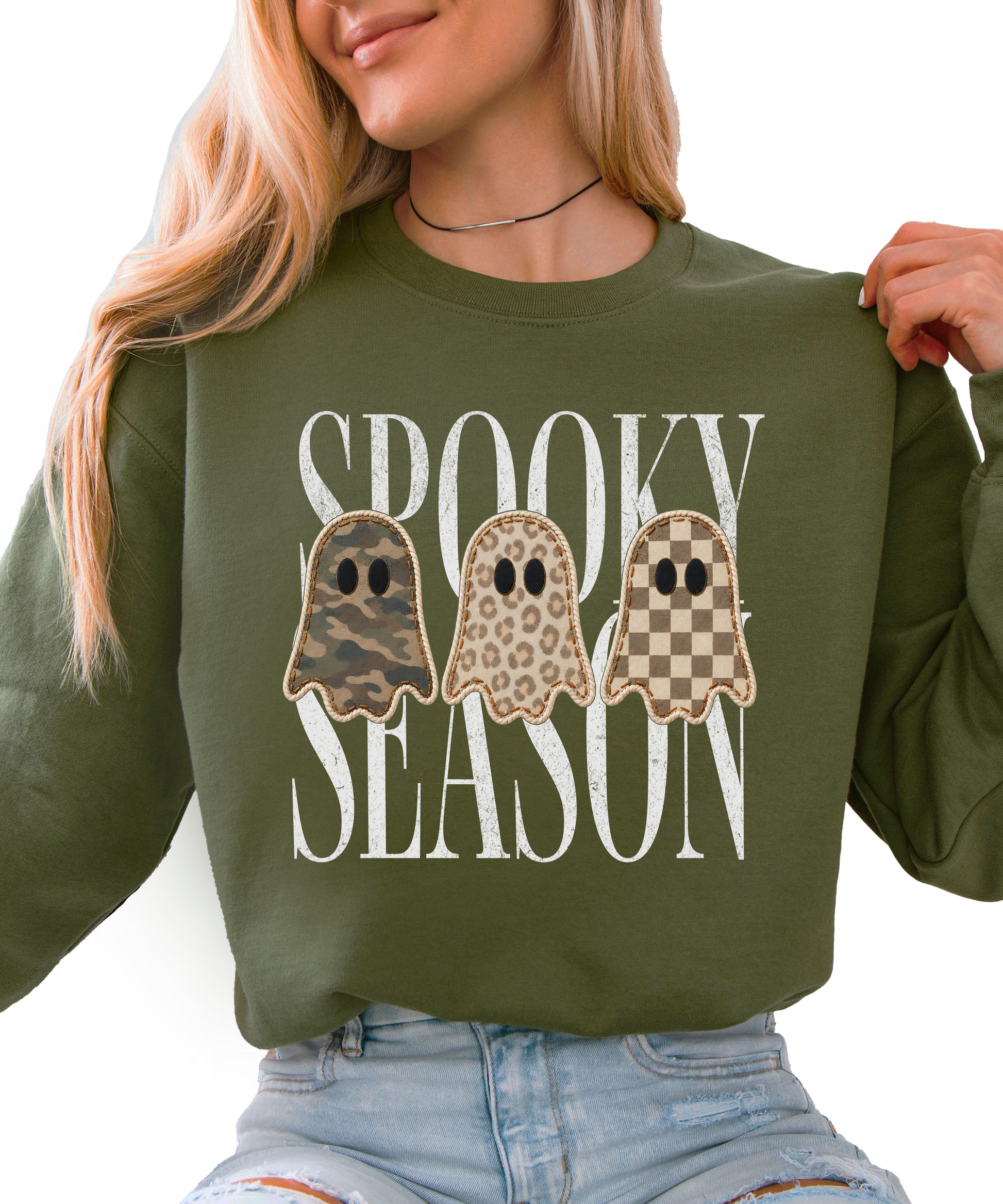 Spooky Season three ghosts Halloween crewneck sweatshirt in Army Green, front view