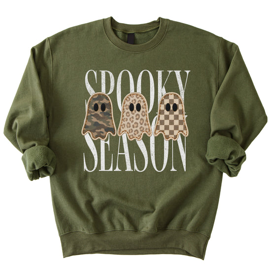 Army Green Spooky Season ghost sweatshirt, styled detail shot