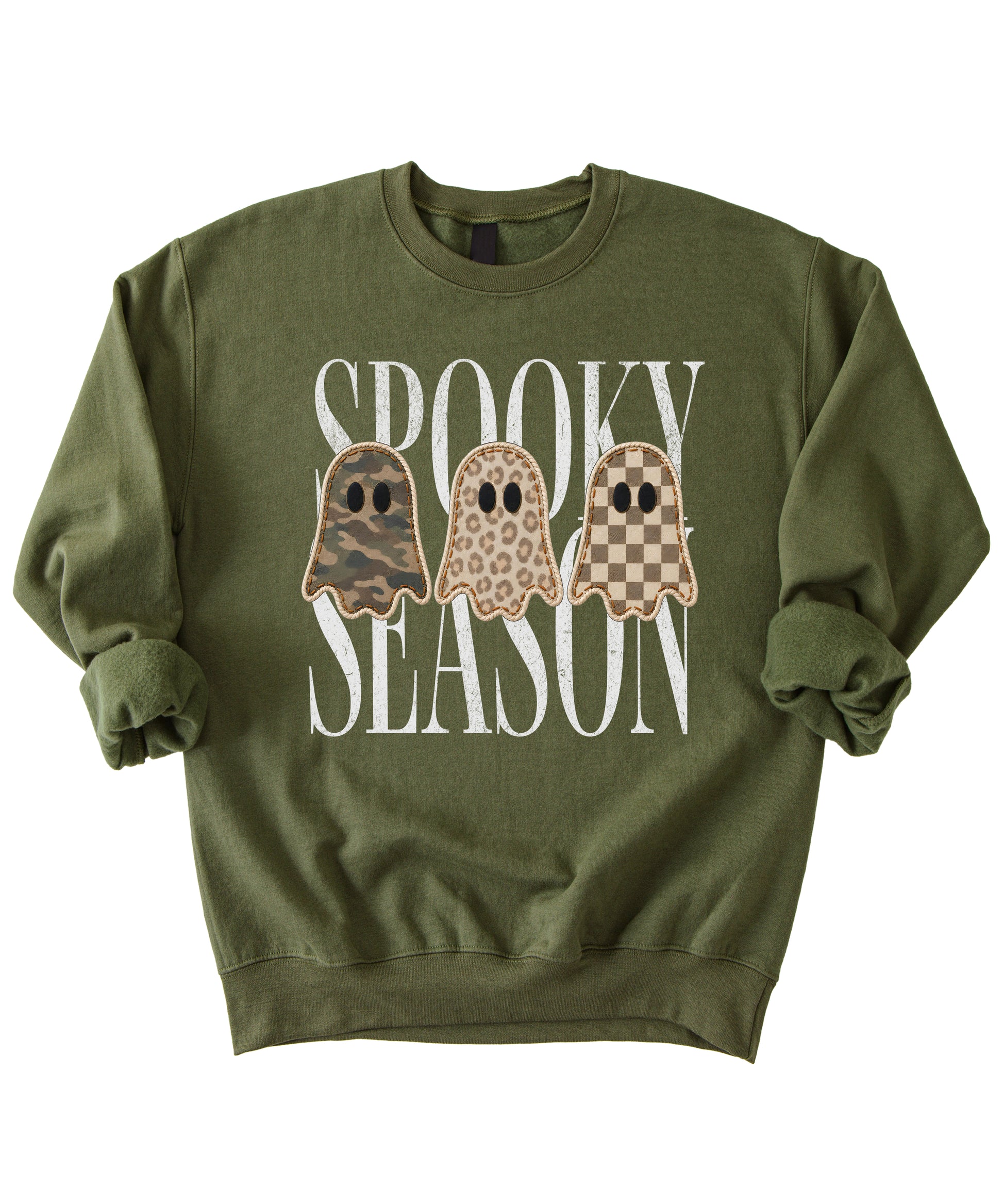 Army Green Spooky Season ghost sweatshirt, styled detail shot